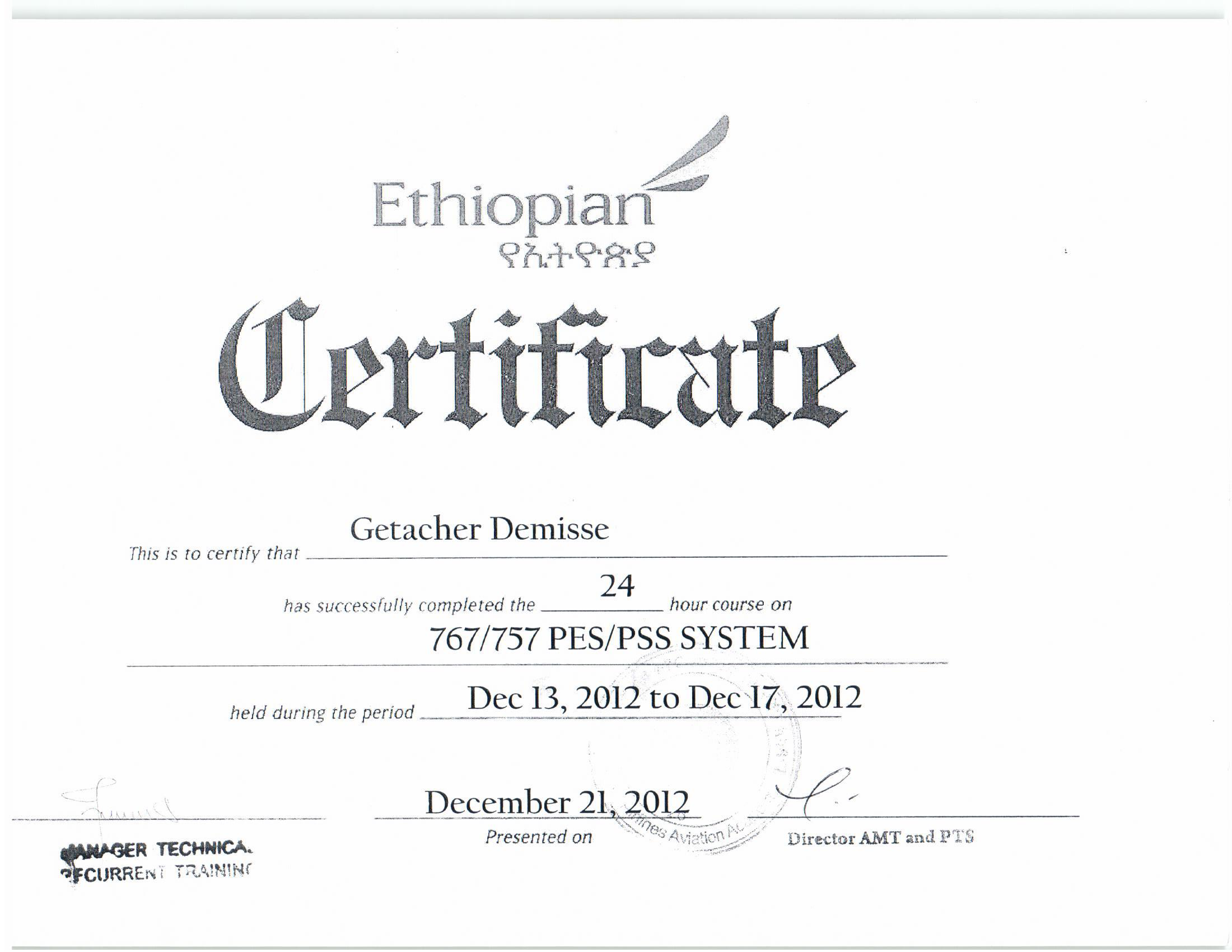 B767 PES/PSS System certificate