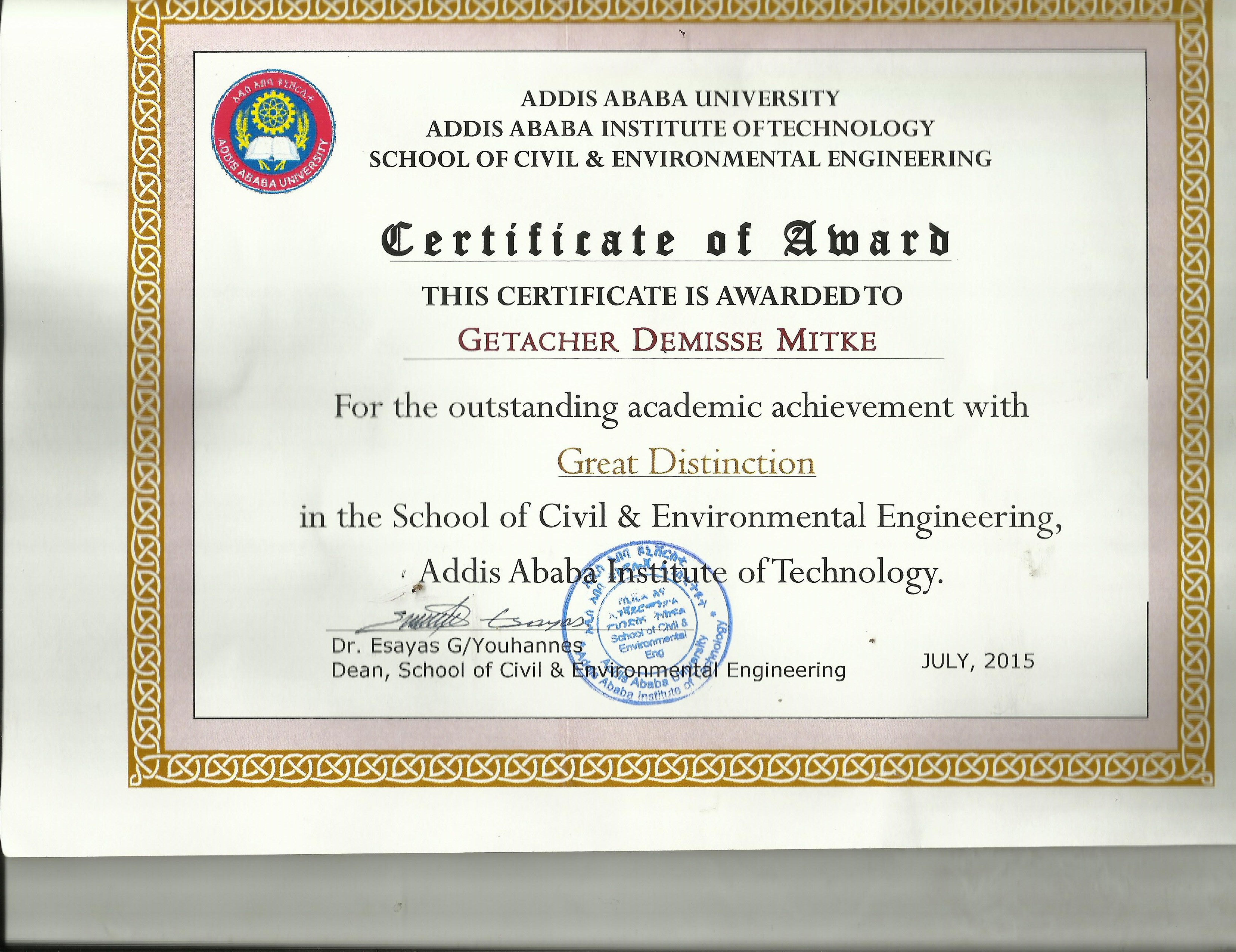 Great distinction award certificate